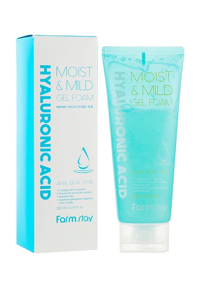 FarmStay_Hyaluronic_Acid_Moist&Mild_Gel_Foam_01_procosmetics_by Гелевая очищающая пенка с гиалуроновой кислотой и AHA, BHA кислотами |200 ml| FarmStay Hyaluronic Acid Moist & Mild Gel Foam
